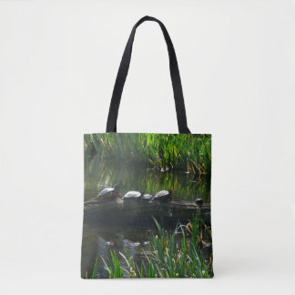 Row of Turtles Green Nature Photo Tote Bag