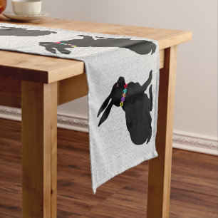 Row Sitting Black Silhouette Rabbits Flowers Grey Short Table Runner