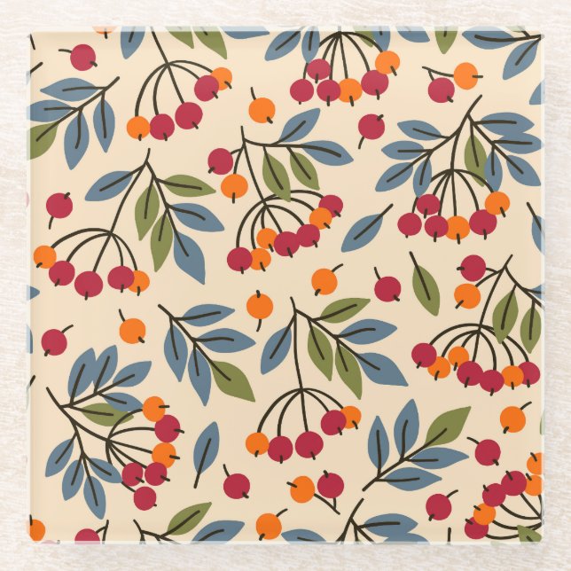 Rowan Branches: Textile Vintage Charm Glass Coaster (Front)