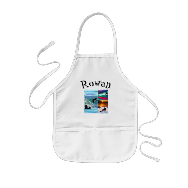Rowan Name With Surfing Chimpanzees, Kids Apron (Front)
