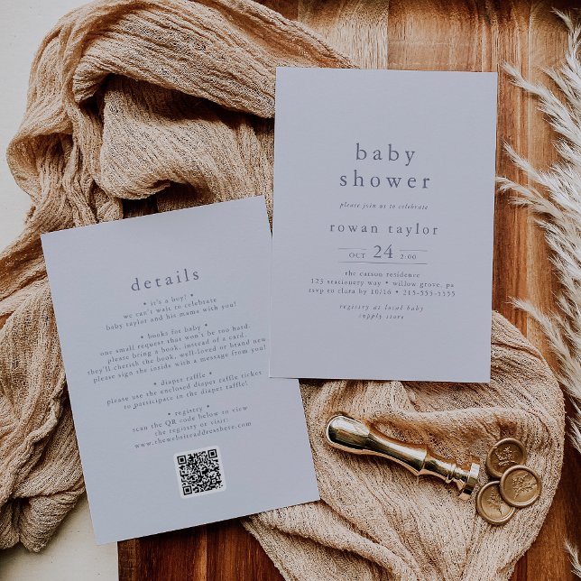 ROWAN Rustic Boy Blue QR Simple Baby Shower Invitation (ROWAN Rustic Boy Blue QR Simple Baby Shower Invitation)