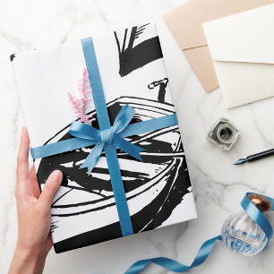 Rowboat Illustration Nautical Black and White Wrapping Paper