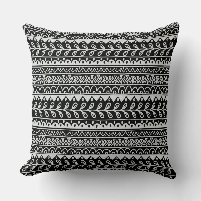 Rows of Black and White Doodle Patterns Cushion (Front)