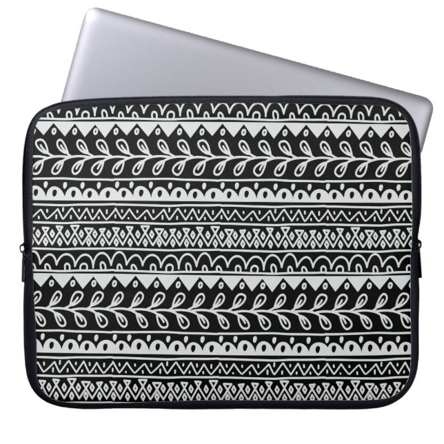 Rows of Black and White Doodle Patterns Laptop Sleeve (Front)