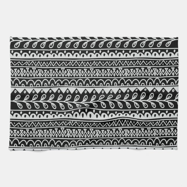 Rows of Black and White Doodle Patterns Tea Towel (Horizontal)