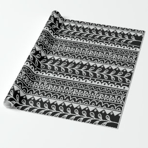 Rows of Black and White Doodle Patterns Wrapping Paper