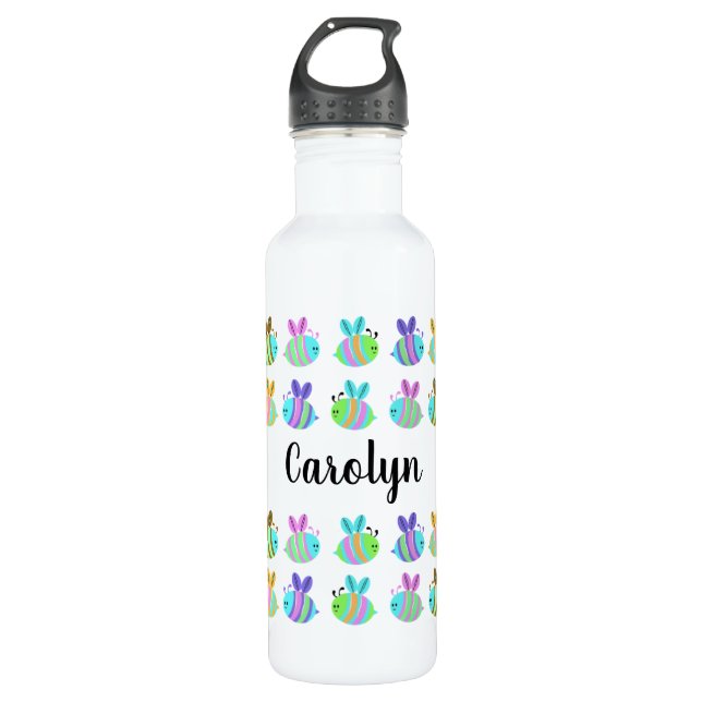 Rows of cute baby bees with your name 710 ml water bottle (Front)