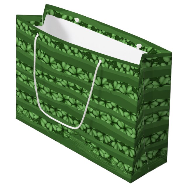 ROWS OF GREEN RIBBON AND IRISH SHAMROCKS LARGE GIFT BAG (Front Angled)