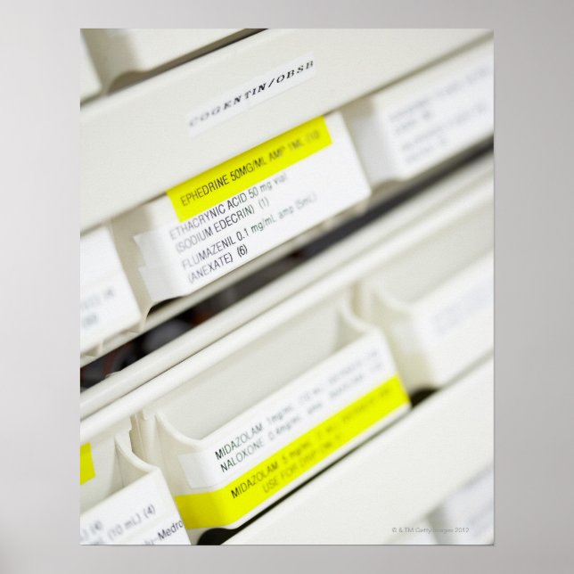 Rows of labelled medicine drawers poster (Front)