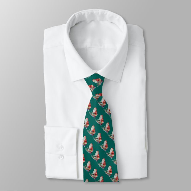 rows of santas with green background for christmas tie (Tied)