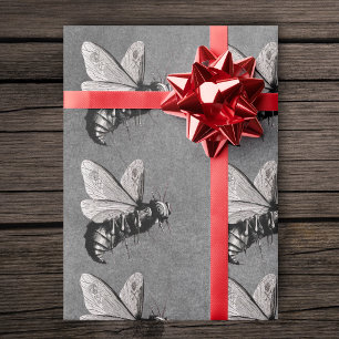 Rows of Spooky Gothic Bees Skulls on Wings Grey Wrapping Paper