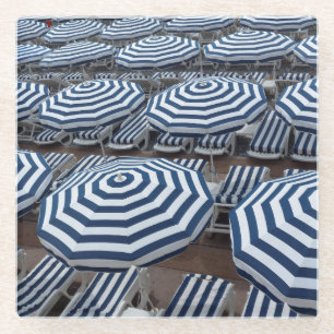 Rows Of Striped Beach Umbrellas With Sun Beds Glass Coaster