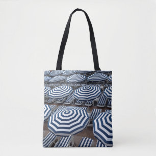 Rows Of Striped Beach Umbrellas With Sun Beds Tote Bag