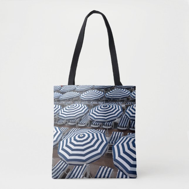 Rows Of Striped Beach Umbrellas With Sun Beds Tote Bag (Front)