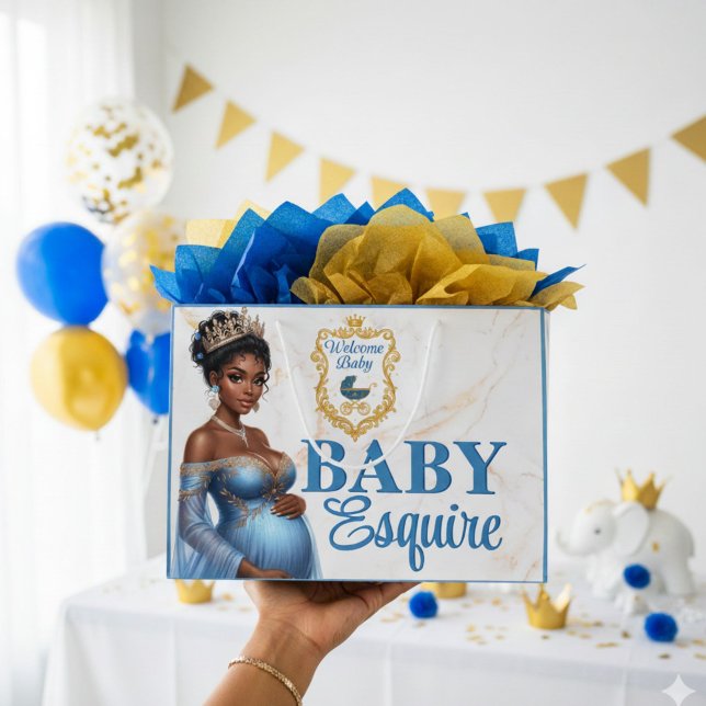 Royal African American Mother to Be Blue & Gold Large Gift Bag (Celebrate in style with this elegant royal gift bag, perfect for African American mom-to-be 💙)