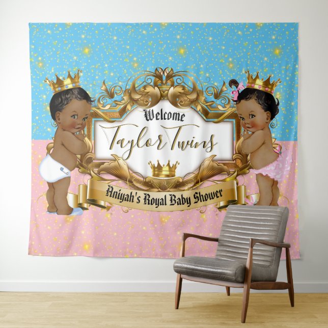 Royal African Prince & Princess Blue | Pink Gold Tapestry (In Situ (Horizontal))