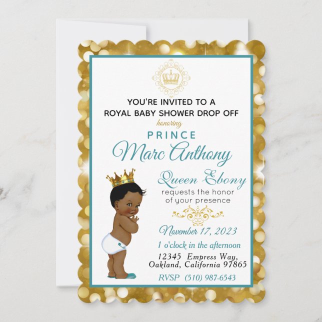 Royal African Prince Teal & Gold Glitter Fancy Invitation (Front)