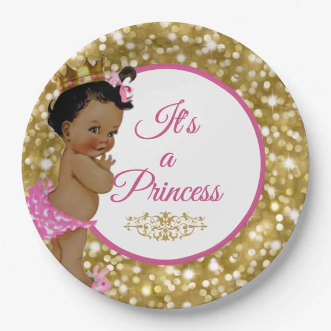Royal African Princess Pink and Gold Glitter Fancy Paper Plate (Front)