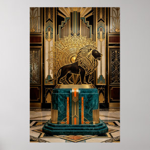 Royal Art Deco Lion Statue Gold Foil Poster