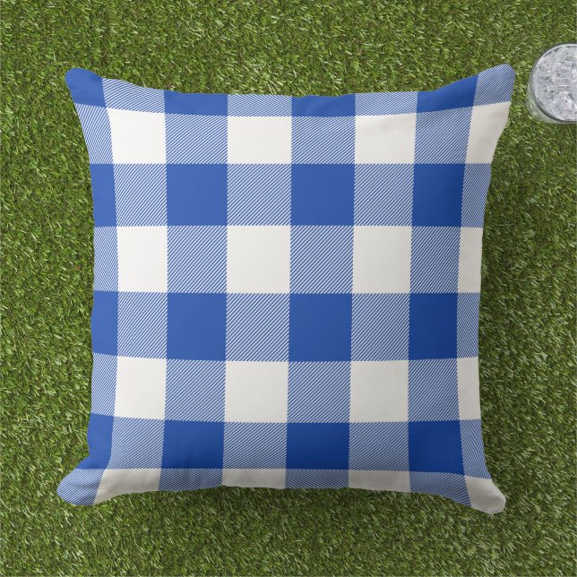 Royal Azure and White Gingham Check Buffalo Plaid Cushion (Grass)