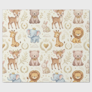 Royal Baby Safari Woodland Animals Ivory Gold Seam Wrapping Paper