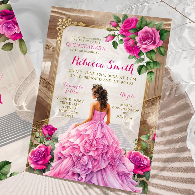Royal Ballroom Pink Fuschia Floral Quinceañera Invitation (Creator Uploaded)