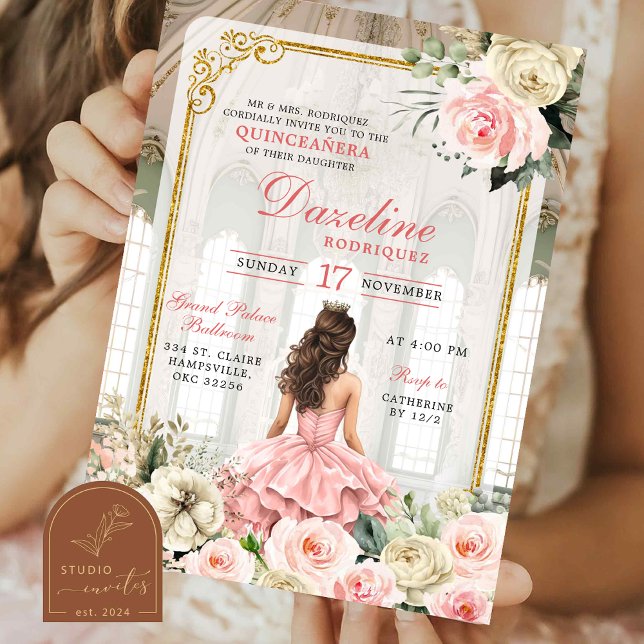 Royal Ballroom Pink Rose Gold Quinceanera Invitation (Creator Uploaded)