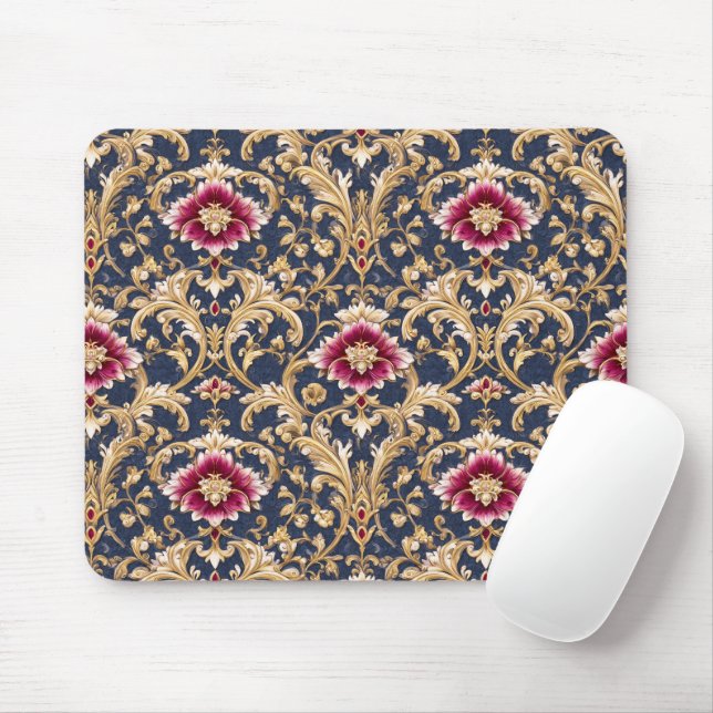 Royal Baroque Floral on Deep Blue Mouse Pad (With Mouse)
