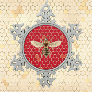 Royal Bee and Honeycomb on Red  Snowflake Pewter Christmas Ornament