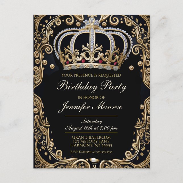 Royal Birthday Party Crown Ornate Invitation Postcard (Front)