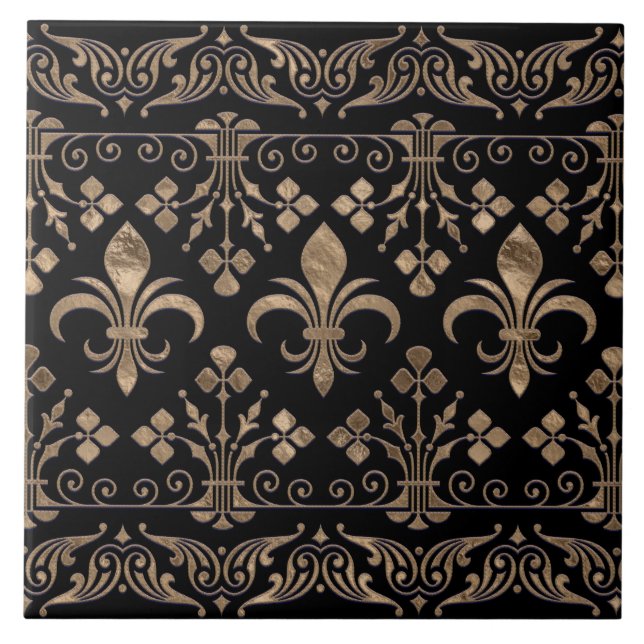 Royal black and gold Fleur-de-lis ornament Tile (Front)