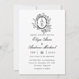Royal Black and White Monogram Crest Wedding Invitation