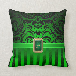 Royal Black Damask Green Pinstripe Faux Jewel Cushion