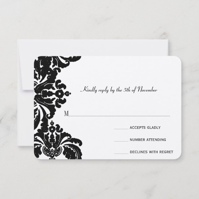 Royal Black Damask Wedding RSVP Card (Back)