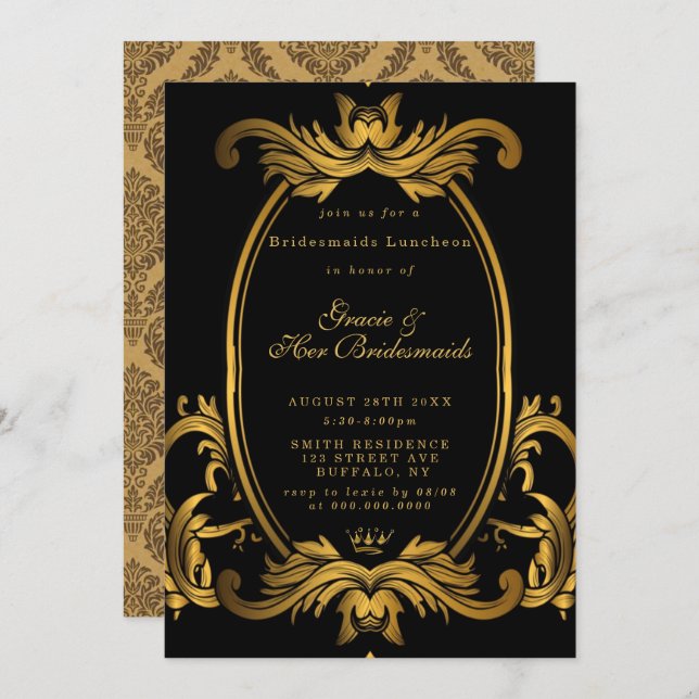 Royal Black Gold Bridesmaids Luncheon Invitation (Front/Back)