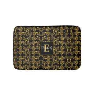 Royal Black & Gold Damask Floral Custom Name Bath Mat
