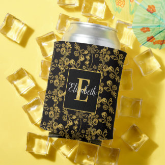 Royal Black & Gold Damask Floral Custom Name Can Cooler