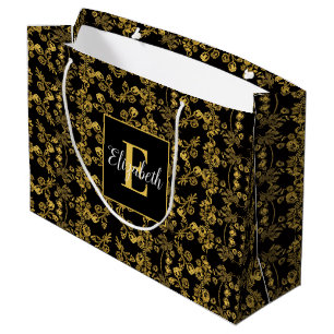 Royal Black & Gold Damask Floral Custom Name Large Gift Bag