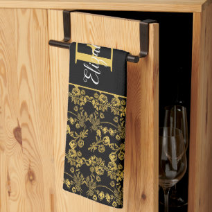 Royal Black & Gold Damask Floral Custom Name Tea Towel