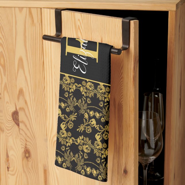 Royal Black & Gold Damask Floral Custom Name Tea Towel (Thirds Fold)