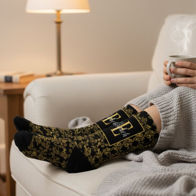 Royal Black & Gold Damask Floral Pattern Monogram Socks (Creator Uploaded)