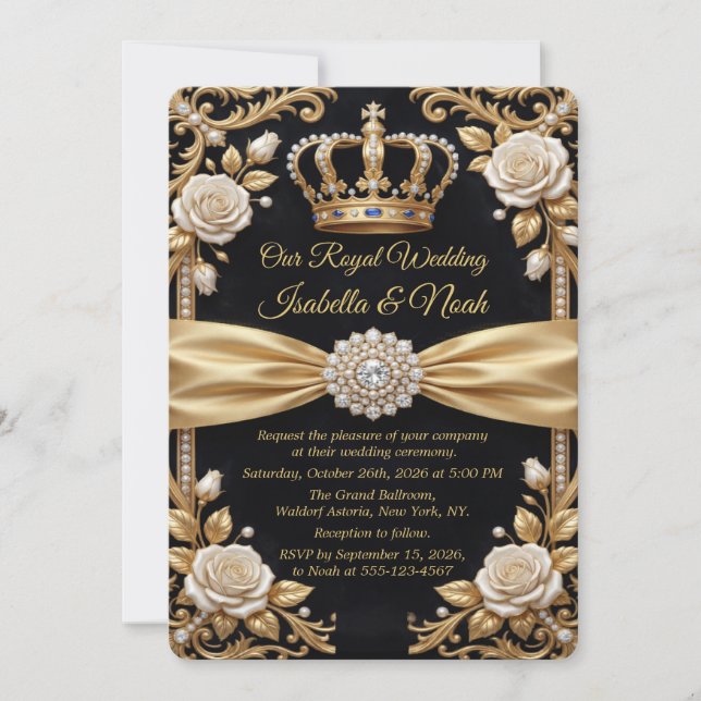 Royal Black Gold Wedding Invitation Luxury Crown (Front)
