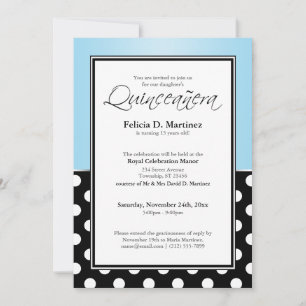 Royal Black Polka Dot Blue Quinceañera Invitations