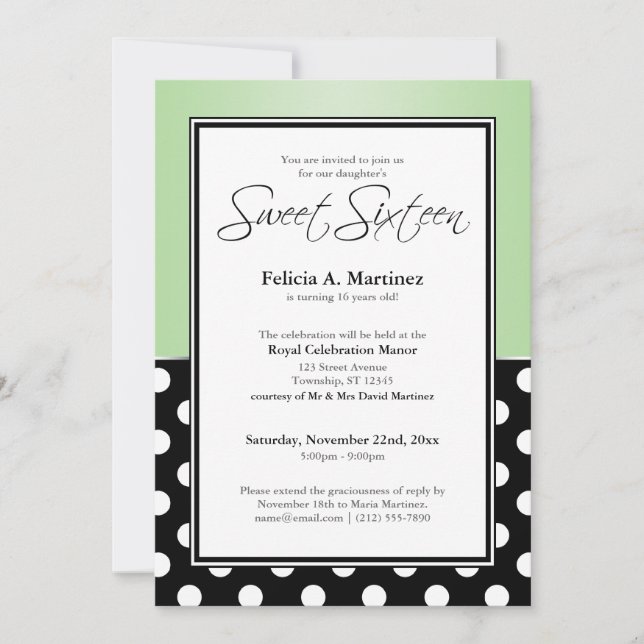 Royal Black Polka Dot Green Sweet Sixteen Invitation (Front)