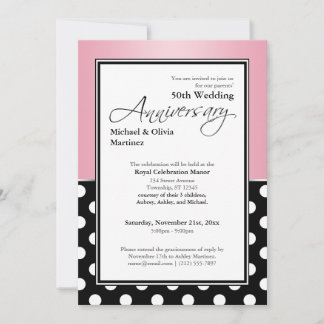 Royal Black Polka Dot Pink 50th Anniversary Invitation