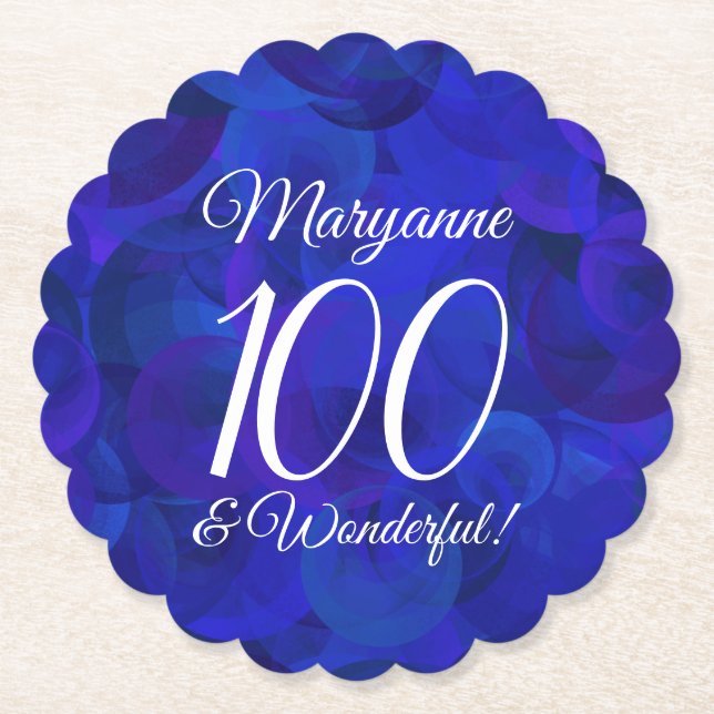 Royal Blue 100 and Wonderful Birthday Party Paper Coaster (Front)
