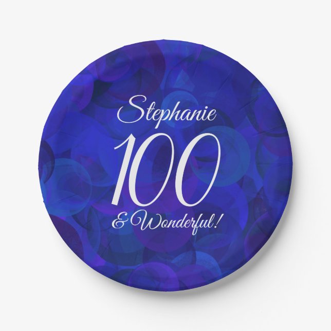 Royal Blue 100 and Wonderful Birthday Party Paper Plate (Front)