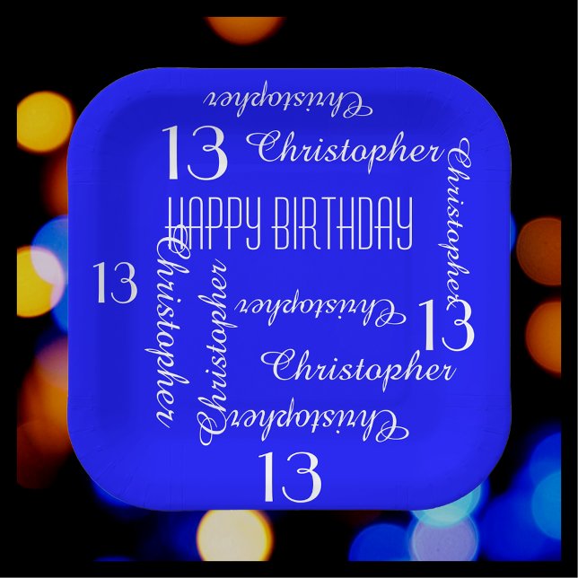 Royal Blue 13th Birthday Party Repeat Name Square Paper Plate (Creator Uploaded)