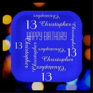 Royal Blue 13th Birthday Party Repeating Names Paper Plate