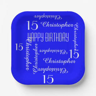 Royal Blue 15th Birthday Party Repeating Names Paper Plate